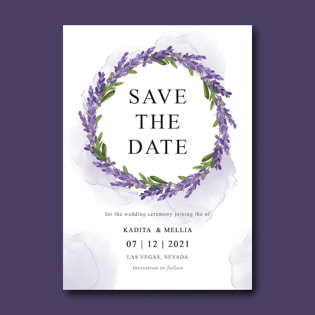 Wedding invitation template with a bouquet of watercolor lavender flowers