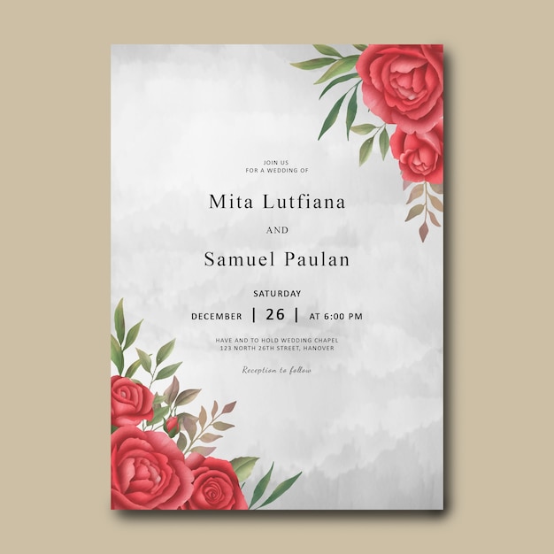 Wedding invitation template with a bouquet of watercolor red roses