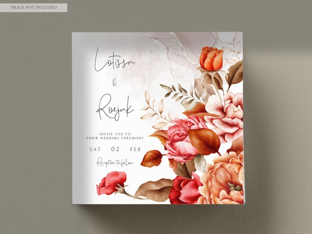 PSD wedding invitation template with elegant watercolor browns roses