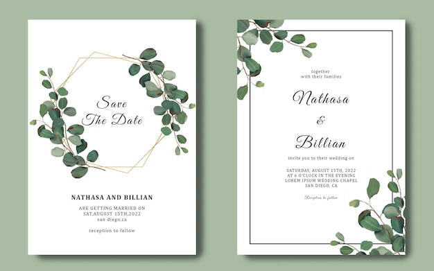 PSD wedding invitation template with eucalyptus leaf frame