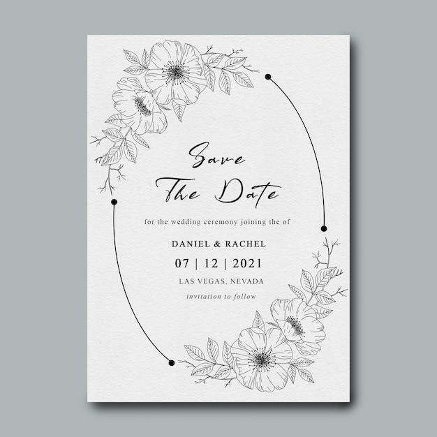 Wedding invitation template with flower bouquet sketch frame