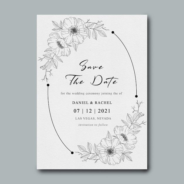 PSD wedding invitation template with flower bouquet sketch frame