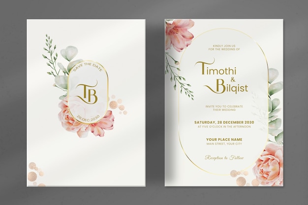 Wedding invitation template with flower bouquet watercolour