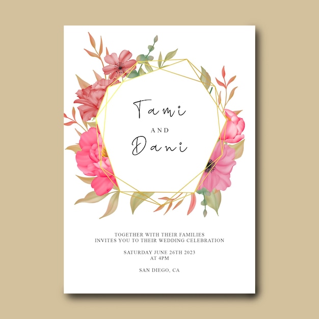 PSD wedding invitation template with flowers watercolor painting