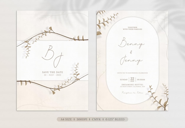 PSD wedding invitation template with foliage