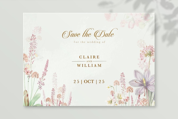 PSD wedding invitation template with foliage