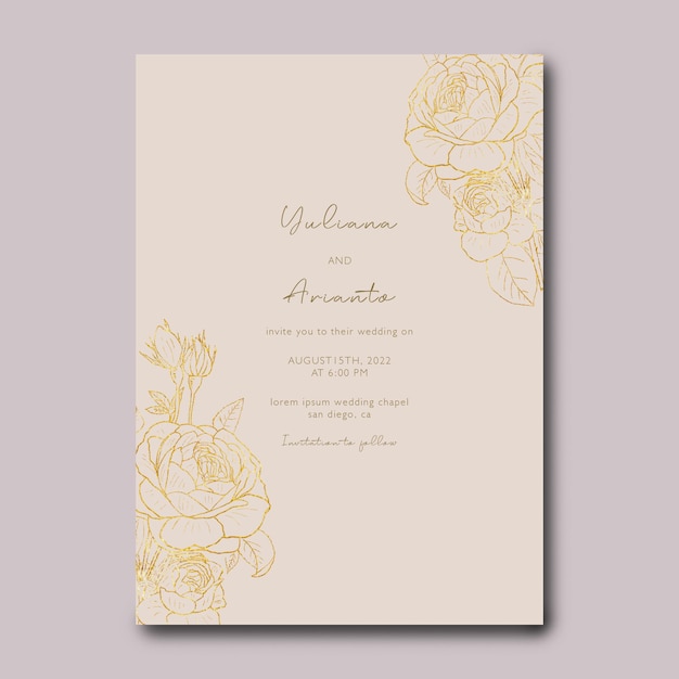 Wedding invitation template with golden flower sketch decoration