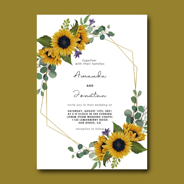 PSD wedding invitation template with hand drawn sunflower frame