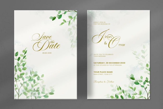 PSD wedding invitation template with leaves watercolour