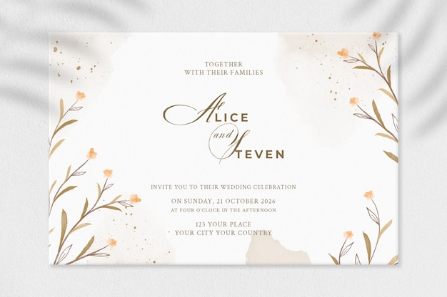 Wedding invitation template with orange flower premium psd