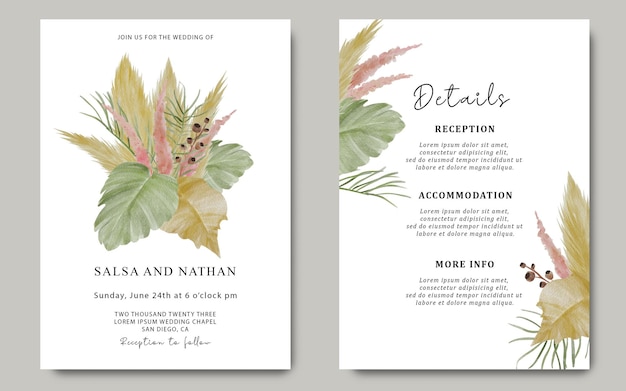 PSD wedding invitation template with pampas grass with watercolor illustration