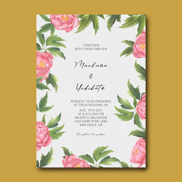 PSD wedding invitation template with peony flower frame and watercolor leaves