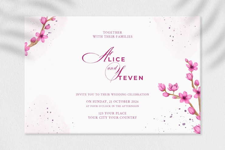 PSD wedding invitation template with pink flower premium psd