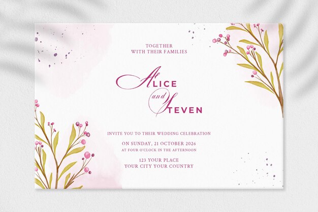 Wedding invitation template with pink flower premium psd