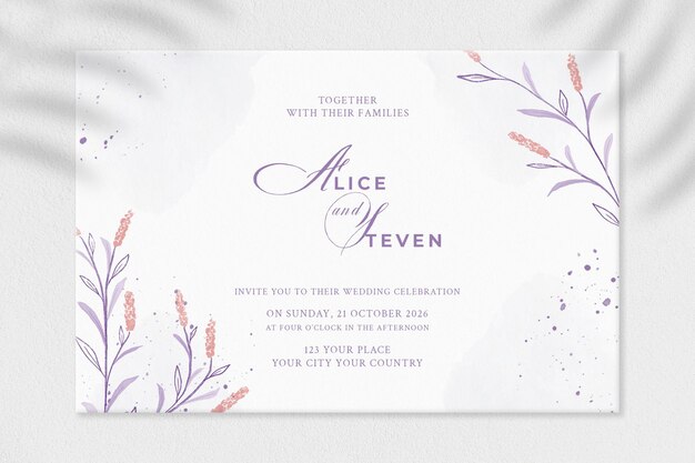 Wedding invitation template with pink flower Premium Psd