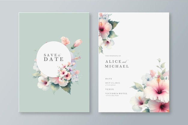 PSD wedding invitation template with pink hibiscus