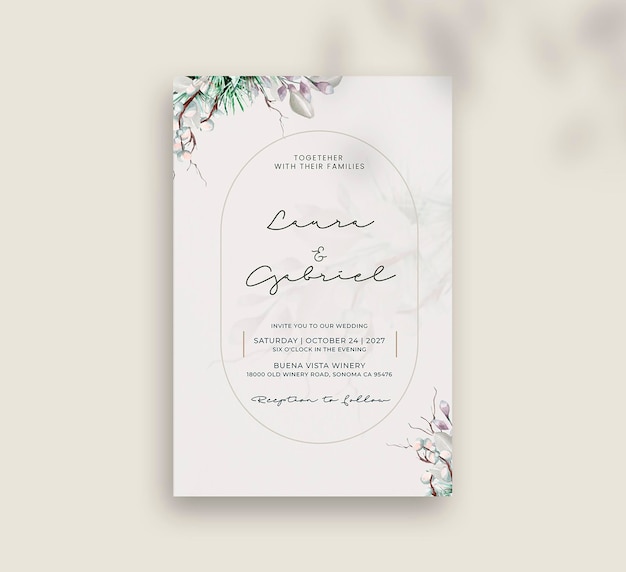 Wedding invitation template with purple flower and gold frame
