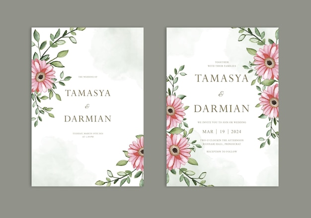 PSD wedding invitation template with red flower and green leaves