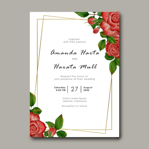 Wedding invitation template with rose flower frame decoration