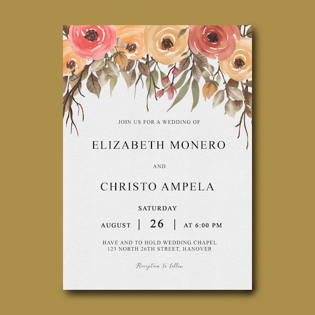 PSD wedding invitation template with roses and leaves frame