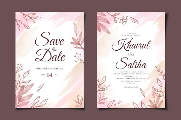 Wedding invitation template with soft watercolor floral background