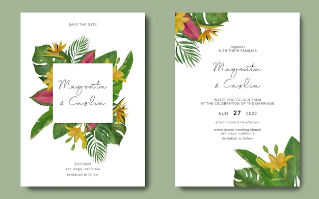 PSD wedding invitation template with tropical leaf frame