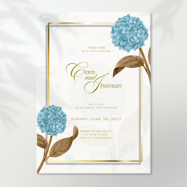 Шаблон свадебного приглашения с винтажным голубым цветком