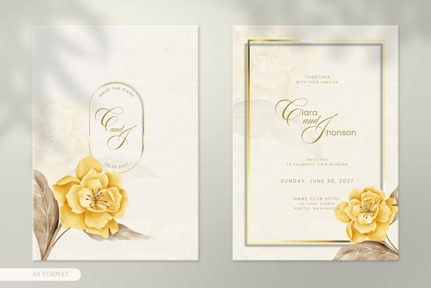 Wedding invitation template with vintage yellow flower