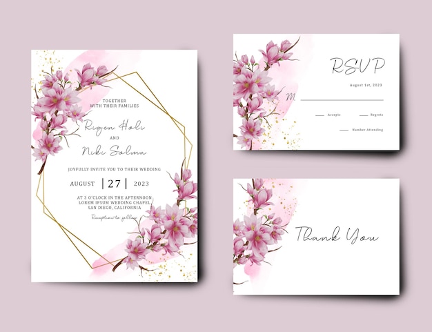 Wedding invitation template with watercolor cherry blossoms