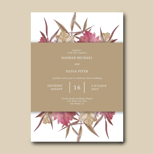 Wedding invitation template with watercolor dried leaves decoration