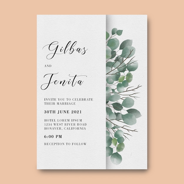 PSD wedding invitation template with watercolor eucalyptus leaf decoration