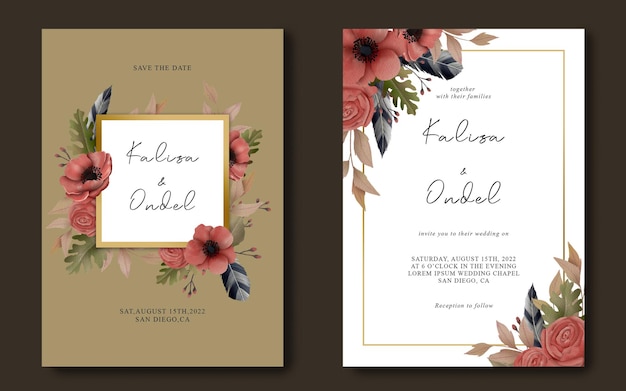 水彩花フレームと結婚式の招待状のテンプレート