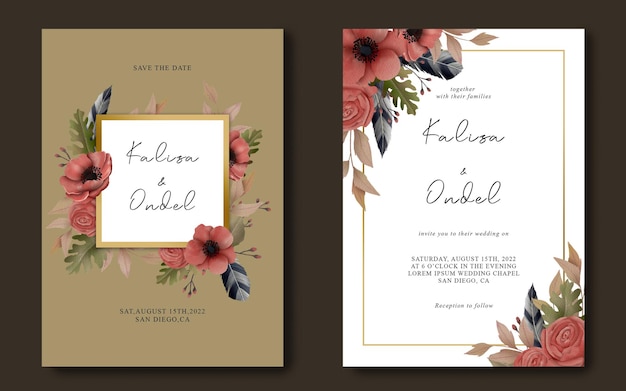 wedding invitation template with watercolor flower frame
