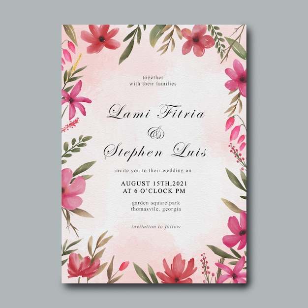 Wedding invitation template with watercolor flower frame