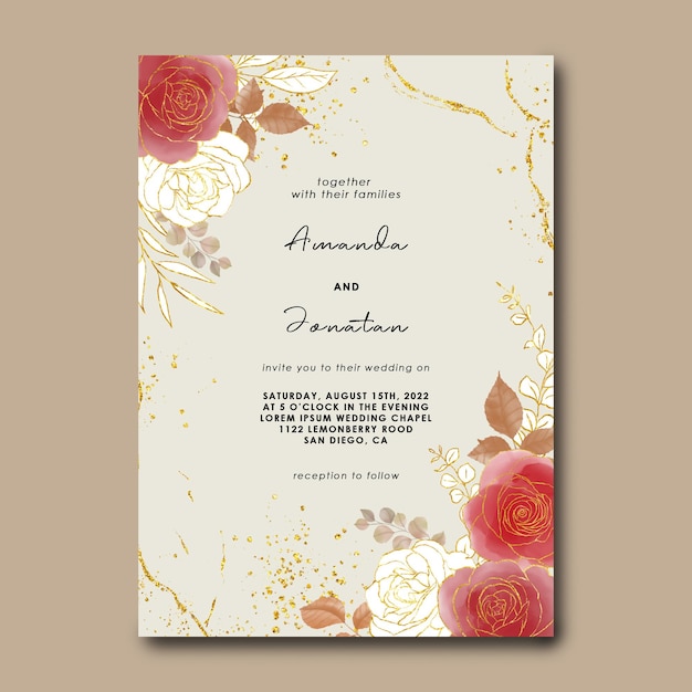 Wedding invitation template with watercolor flowers and gold background