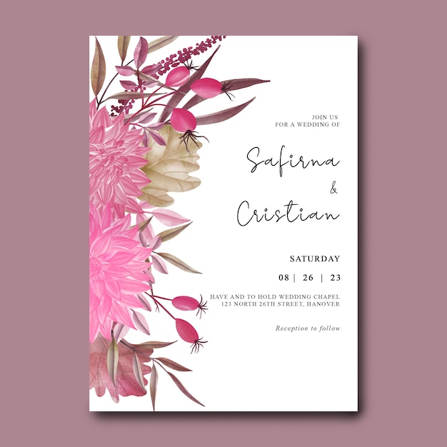 Wedding invitation template with watercolor flowers