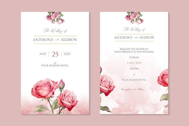 Wedding invitation template with watercolor flowers