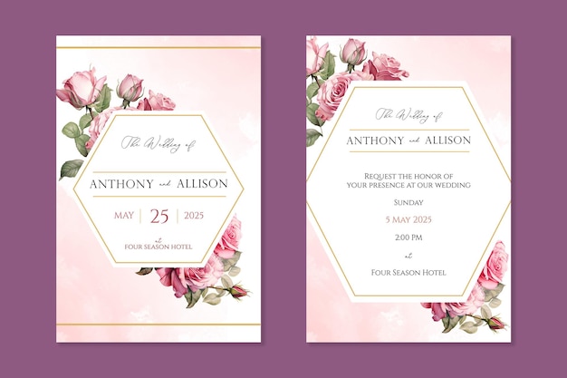 Wedding invitation template with watercolor flowers