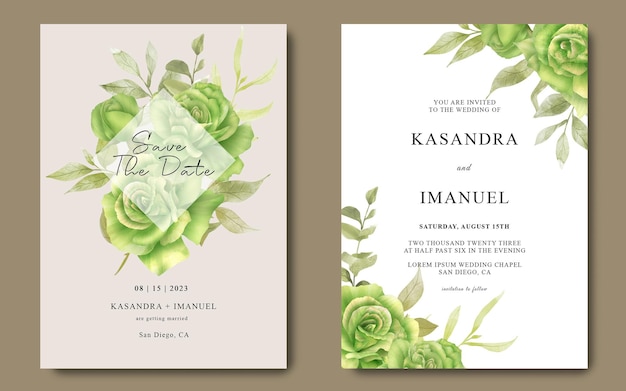 PSD wedding invitation template with watercolor green roses