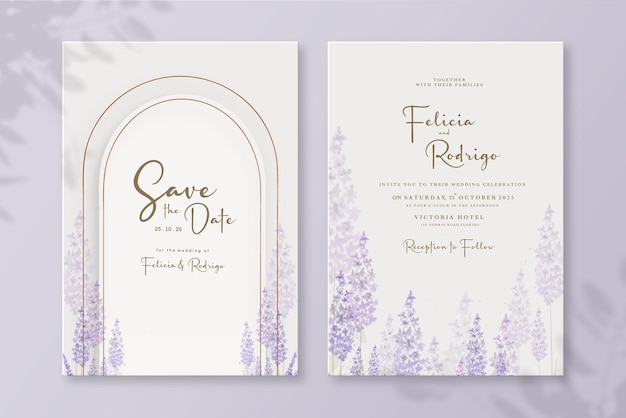 PSD wedding invitation template with watercolor lavender
