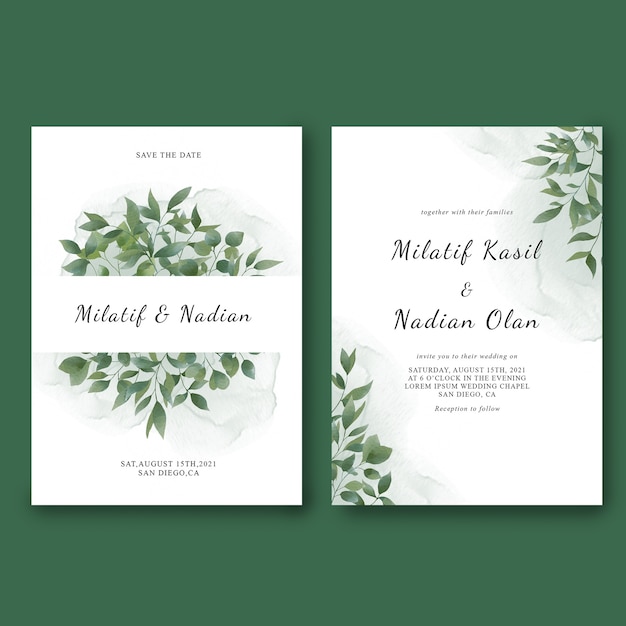 PSD wedding invitation template with watercolor leaf decorations