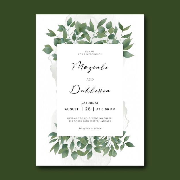 Wedding invitation template with watercolor leaf foliage frame