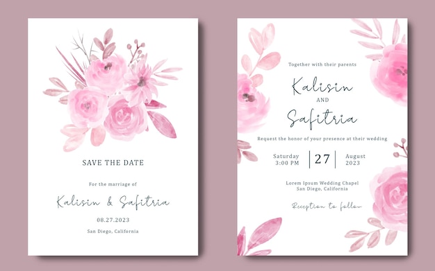Wedding invitation template with watercolor pink flowers
