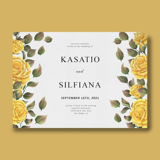 PSD wedding invitation template with watercolor rose flower frame