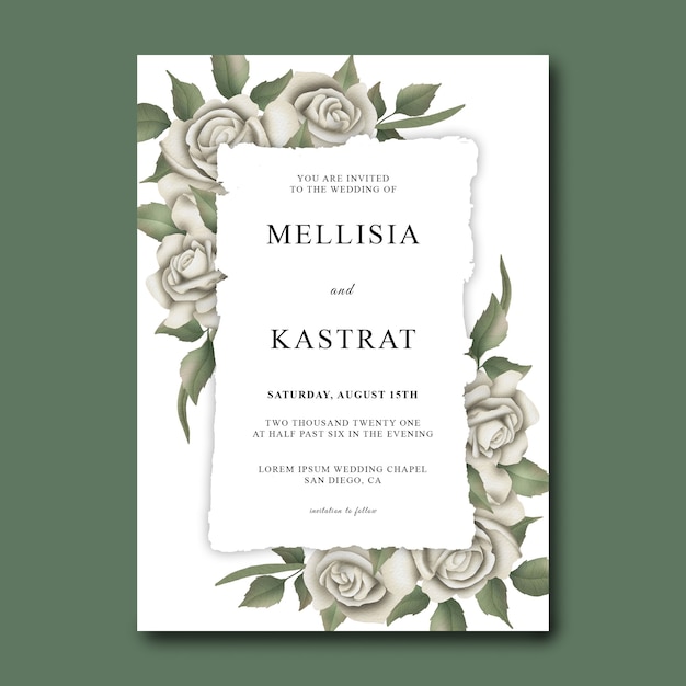 PSD wedding invitation template with watercolor white roses