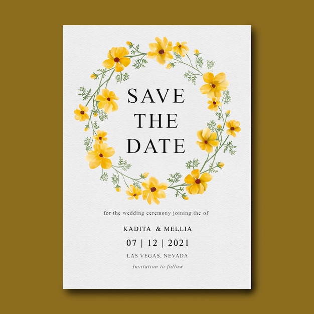 PSD wedding invitation template with watercolor yellow flower bouquet