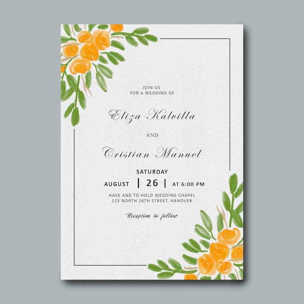 PSD wedding invitation template with watercolor yellow flower frame