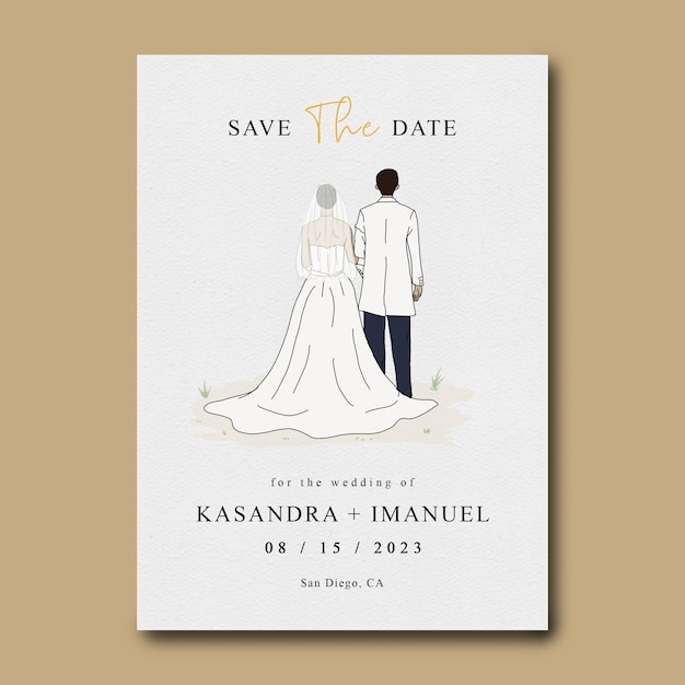 PSD wedding invitation template with wedding couple illustration decoration