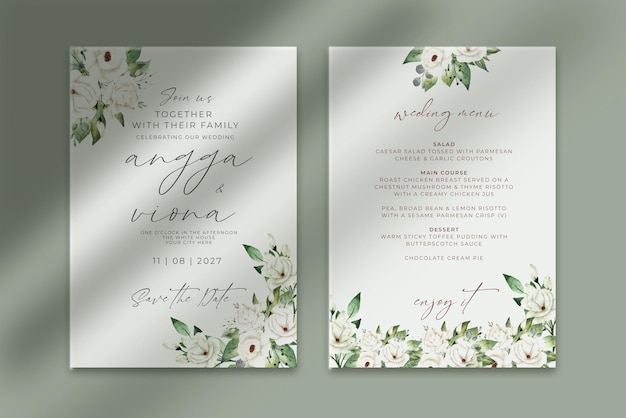 PSD wedding invitation template with white romantic rose watercolor