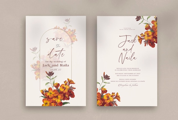 PSD wedding invitation template with yellow and browns flowers